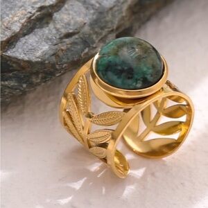 🆕 18k Gold Plated Bezel Set Natural Turquoise and Floral Ring, Adjustable Size